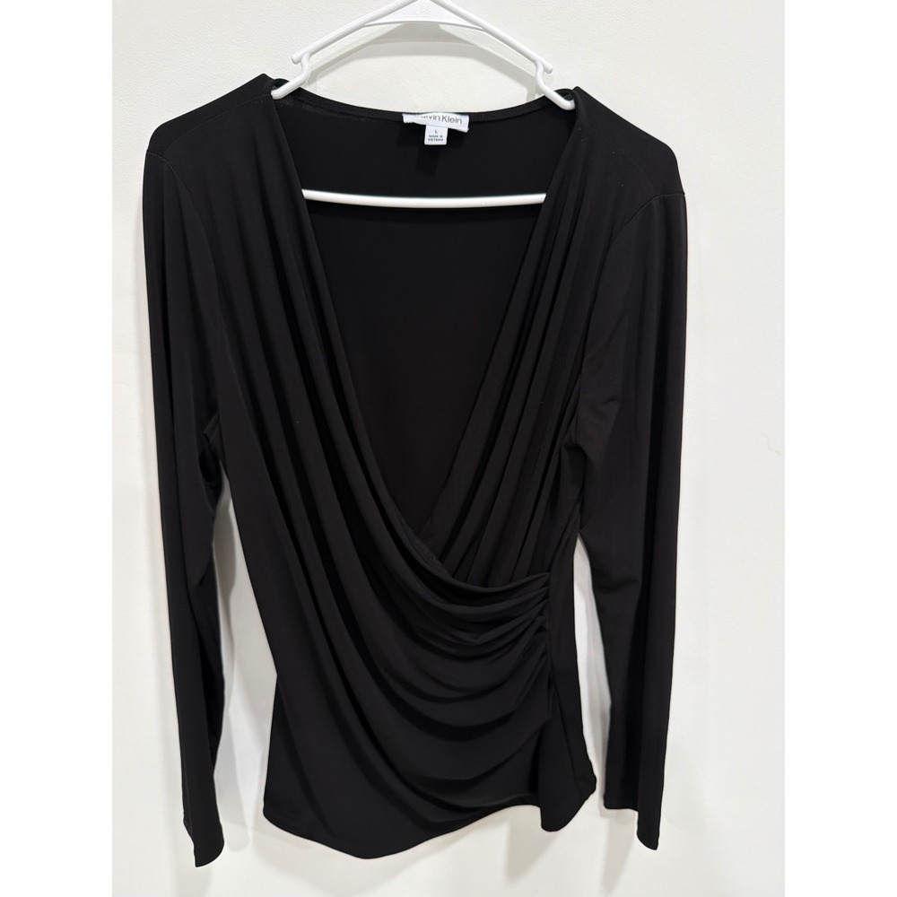 Calvin Klein Black Surplice Wrap Top Long Sleeve Ruched V-Neck Blouse Large